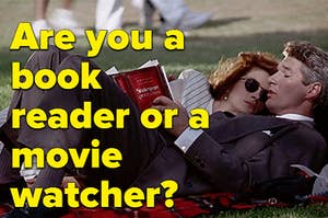 Are you a book  reader or a  movie watcher? is written with a couple laying in the grass