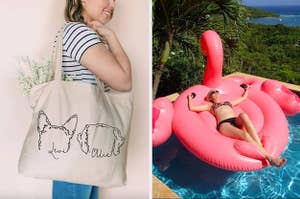 custom dog tote bag and reviewer on a pool flamingo