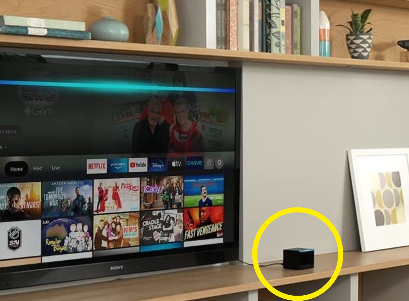 the cube on a TV stand next to the TV