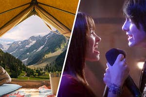 An open tent shows a mountain range and Mitchie Torres sings closely with Shane Gray