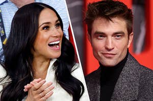 Meghan Markle smiles brightly with her hands clasped together and Robert Pattinson wears a dark turtleneck under a wool blazer