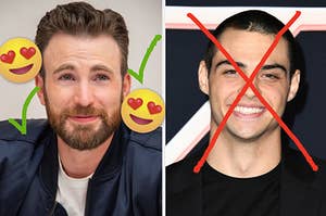 Chris Evans smiles with a full beard and Noah Centineo smiles brightly