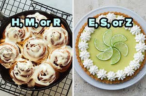 On the left, some cinnamon rolls in a cast iron skillet labeled H, M, or R, and on the right, a key lime pie labeled E, S, or Z