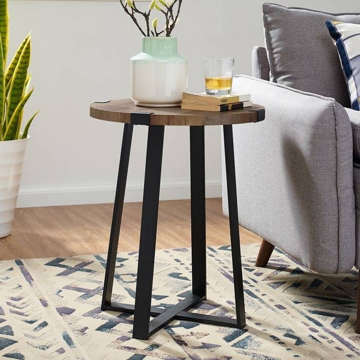 the round industrial modern wood and metal end table