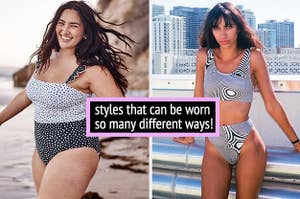model wearing the white and black polka dot style, model wearing the wavy black and white bikini with text "styles that can be worn  so many different ways!"