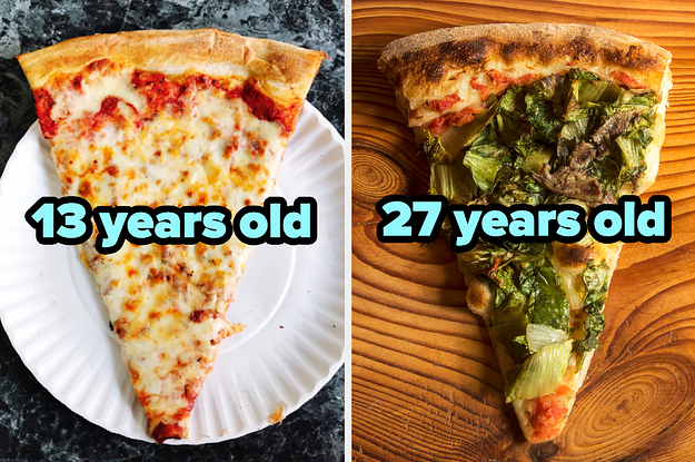 On the left, a slice of cheese pizza labeled 13 years old, and on the right, a slice of veggie pizza labeled 27 years old