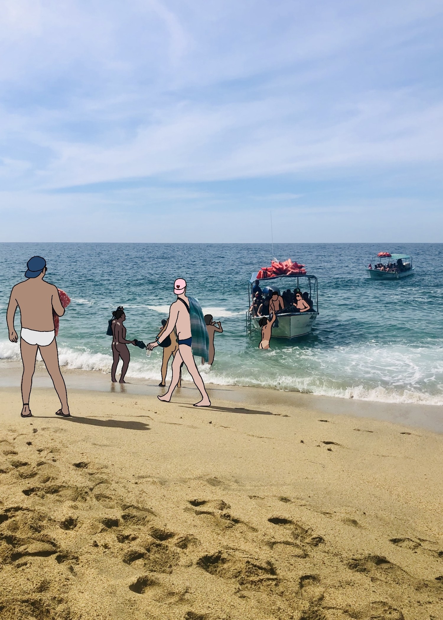 naked men boarding a boat