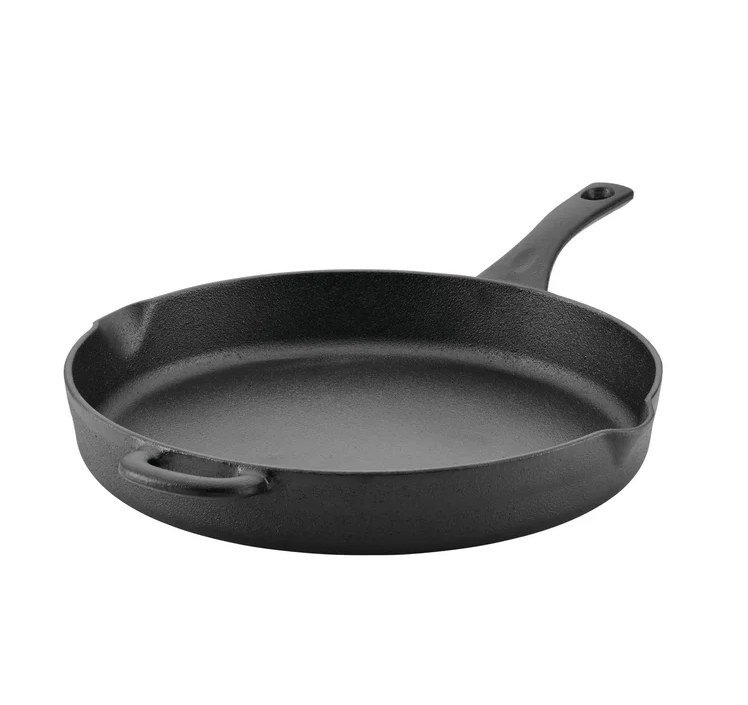 An image of a preseasoned iron skillet with a helper handle that is non-stick and oven safe