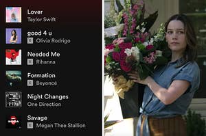 On the left, a Spotify playlist, and on the right, Love from You holding a bouquet of flowers