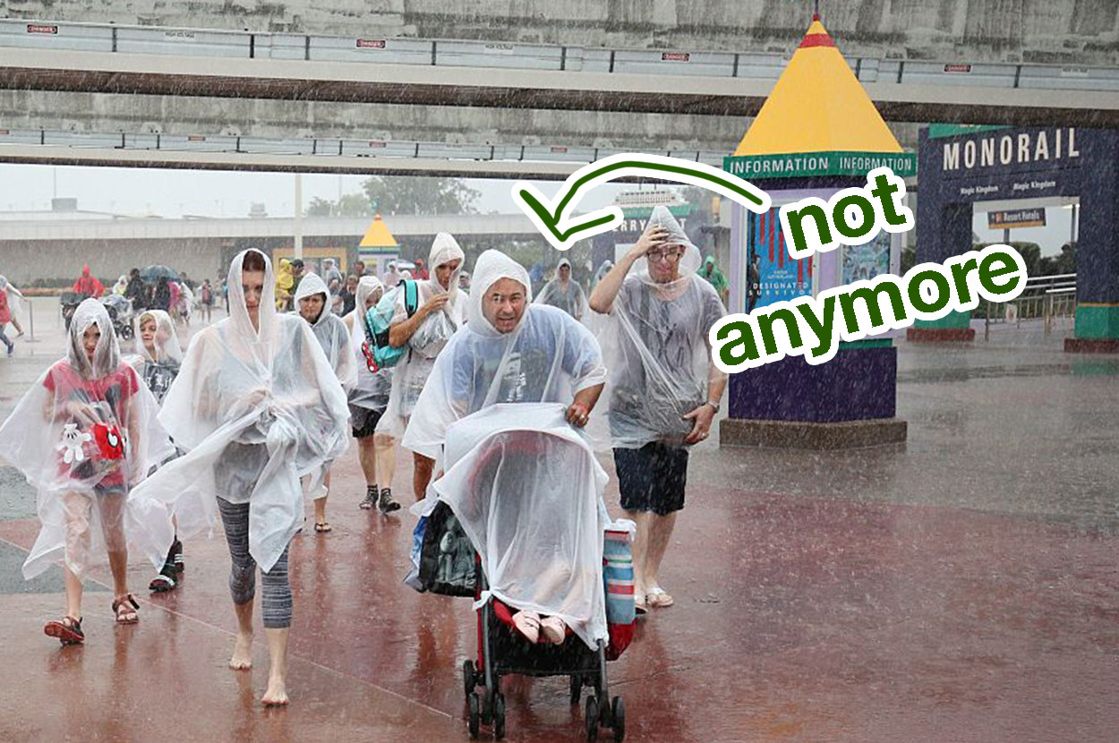 a group leaving the park all dressed in ponchos