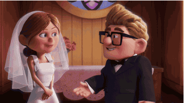 a cartoon bride jumping up and kissing her groom