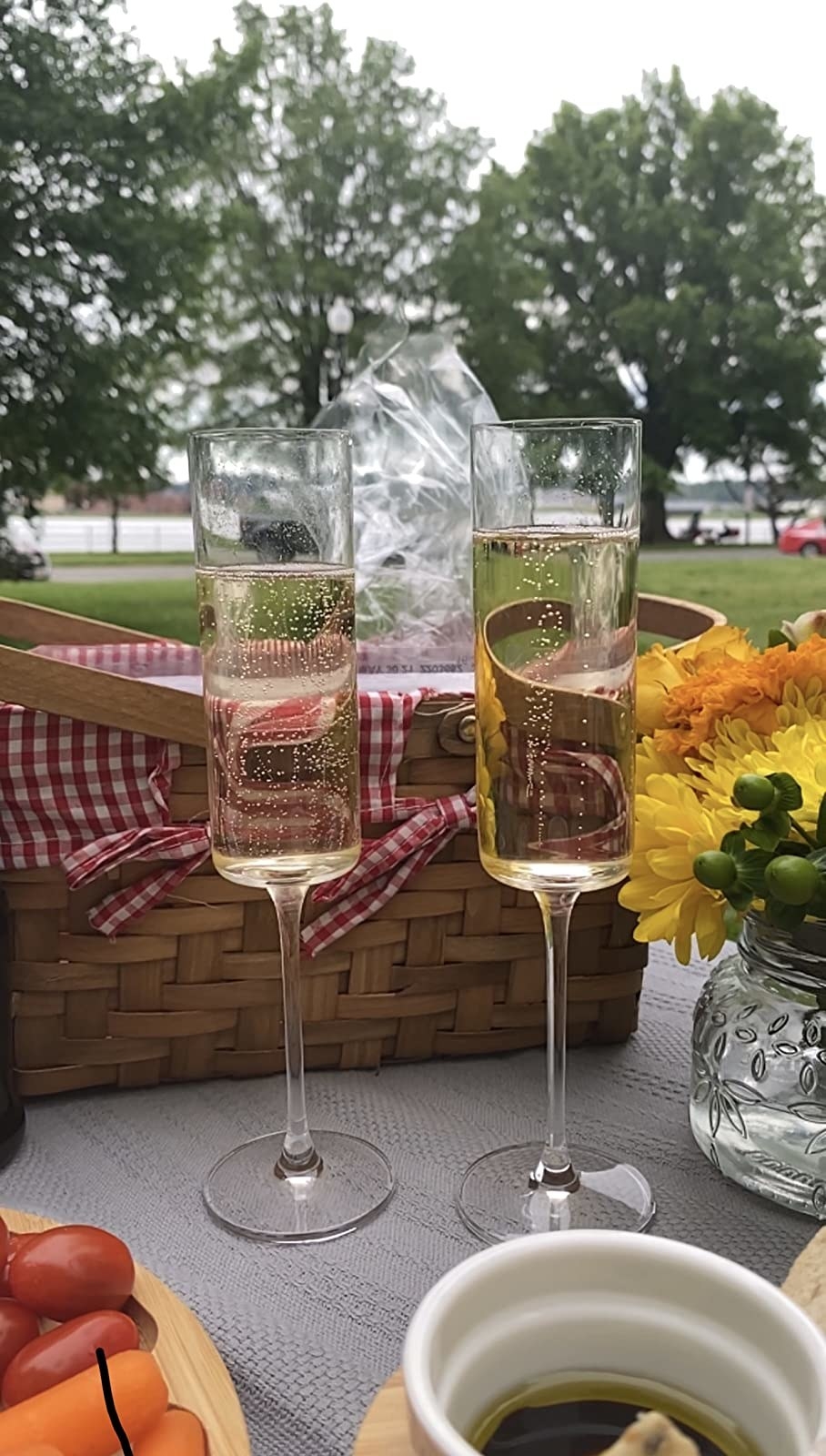 a reviewer photo of the two flutes filled with champagne on a picnic