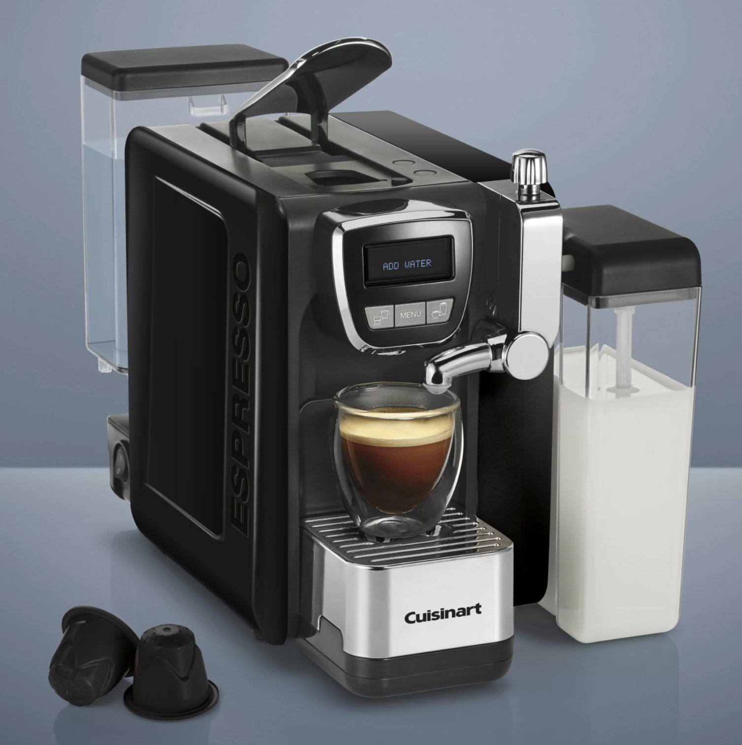 The espresso make with a cup on the shelf