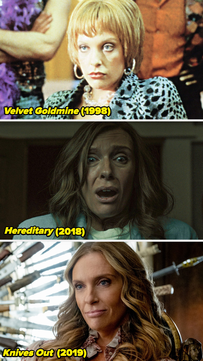 Stills of Toni Collette in &quot;Velvet Goldmine,&quot; &quot;Hereditary,&quot; and &quot;Knives Out.&quot;