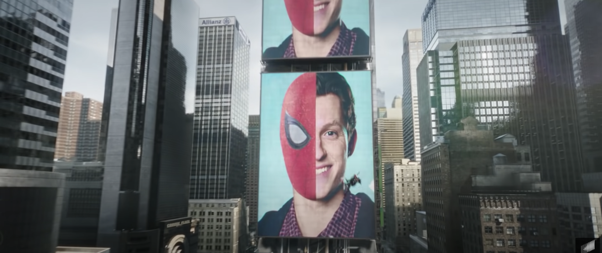 Tom Holland&#x27;s Peter Parker being unmasked on a digital billboard