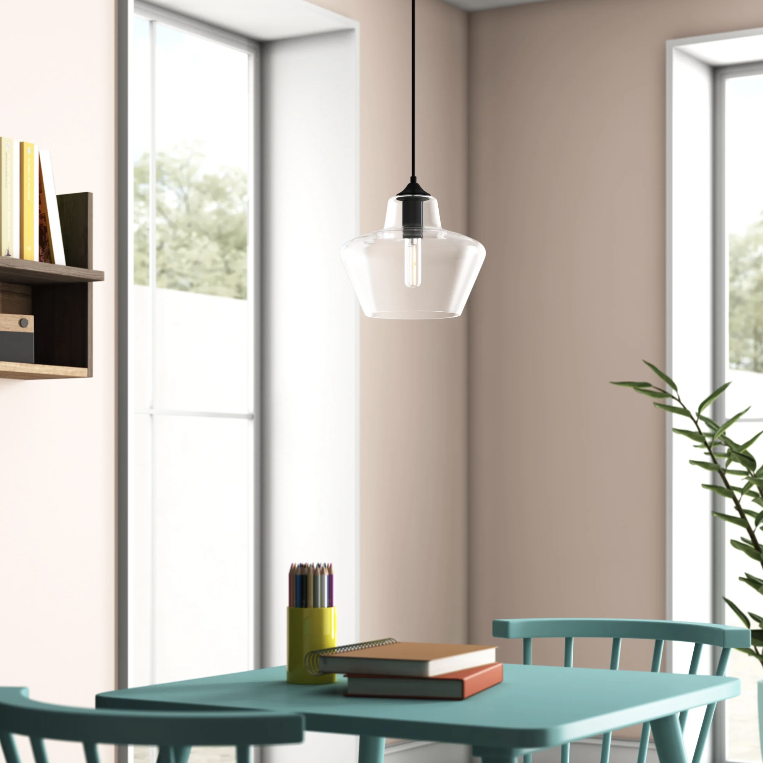 The pendant light hanging above a table