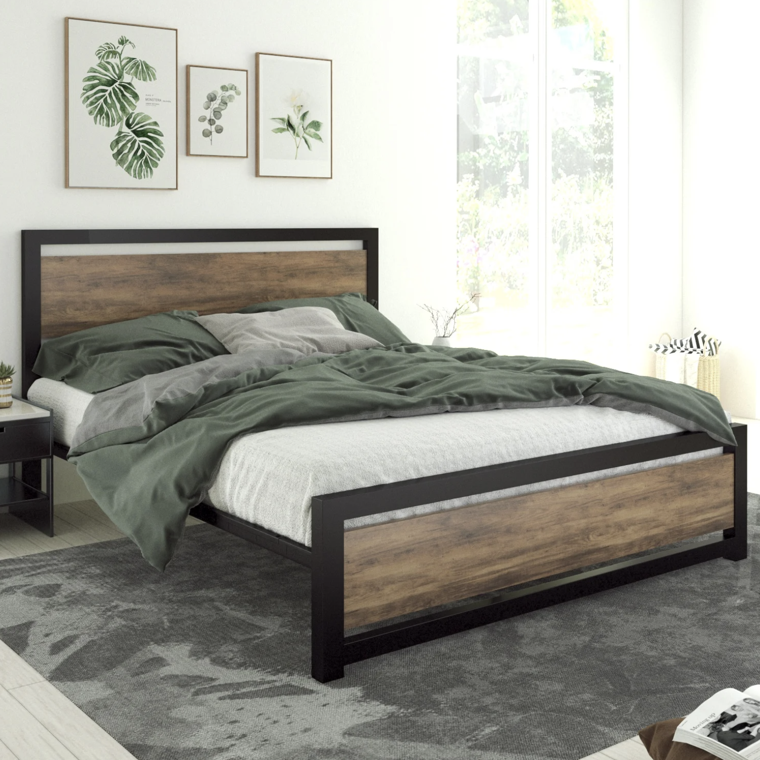 The bed frame with an unmade bed on top and carpet underneath