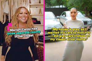 Mariah Carey in her walk-in closet; Kim Kardashian in front of her grey cars