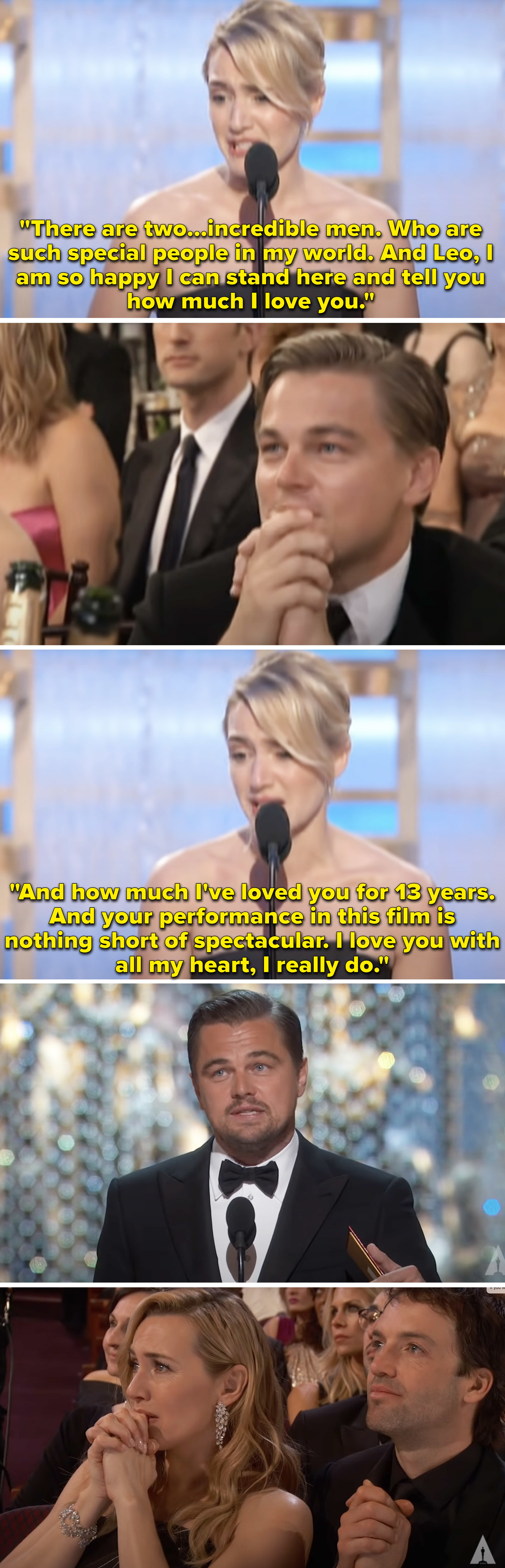 Kate Winslet giving an acceptance speech and Leonardo DiCaprio&#x27;s smiling reaction, and Leonardo DiCaprio&#x27;s acceptance speech and Kate Winslet&#x27;s emotional reaction