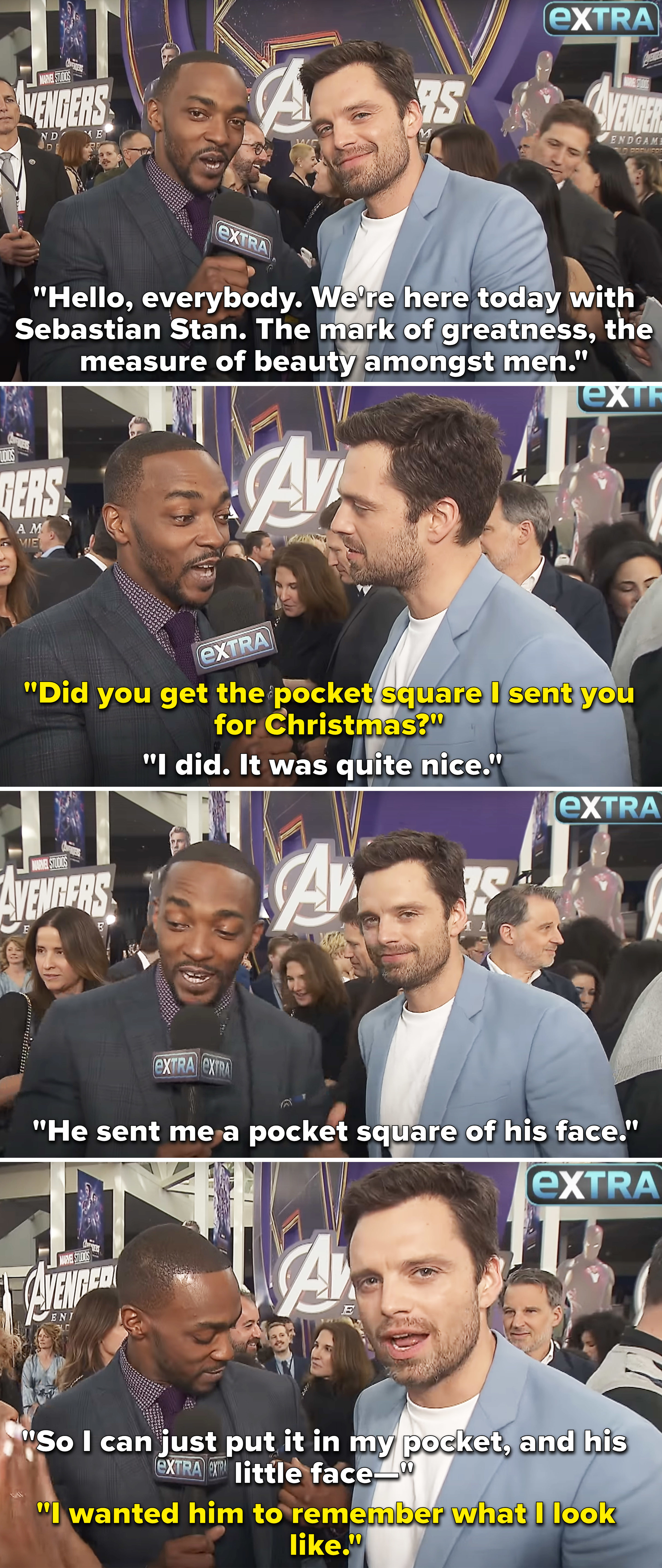 Anthony Mackie interviewing Sebastian Stan  and Sebastian Stan saying he sent him a pocket square for Christmas