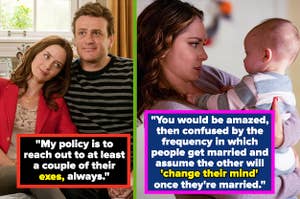 Left: Emily Blunt as Violet Barnes lays her head on Jason Segel as Tom Solomon in "The Five-Year Engagement" Right: Rachel Bloom as Rebecca Bunch looks at a baby in "Crazy Ex-Girlfriend"