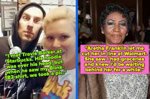 Travis Barker taking a selfie with a fan; Aretha Franklin in the late 2010s