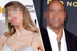 Taylor Swift wears a crystal encrusted crop top and Dwayne Johnson wears a button up shirt under a velvet blazer