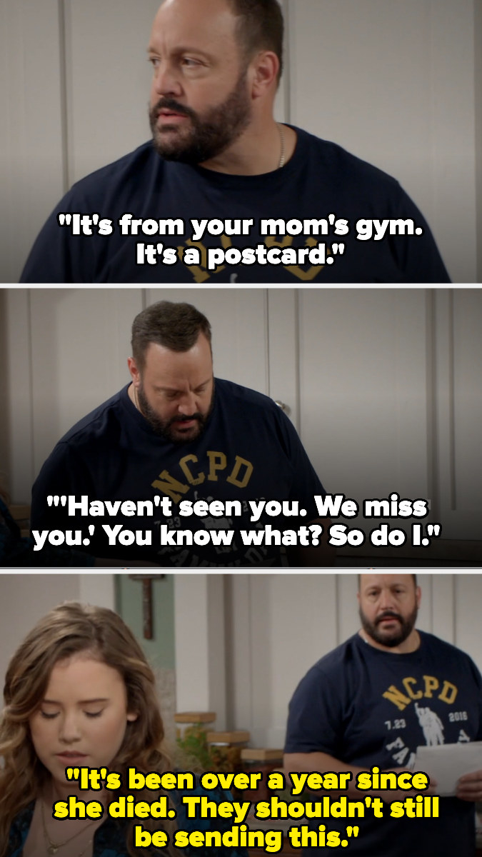 Kevin reads a postcard from his wife&#x27;s gym saying &quot;haven&#x27;t seen you, we miss you&quot; and says he does too. his daughter takes the card and says they shouldn&#x27;t be sending those since it&#x27;s been over a year since she died