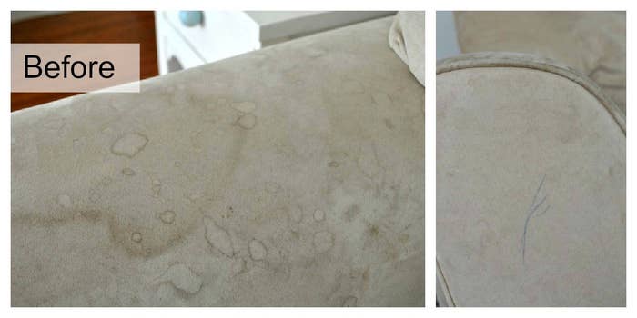 Blogger&#x27;s before photo of the couch with liquid and ink stains