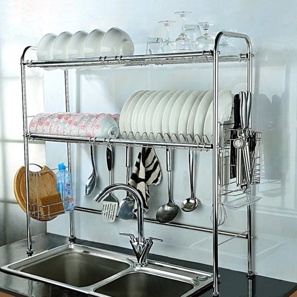 The dish drying rack in the style Two-Tier and the color Chrome
