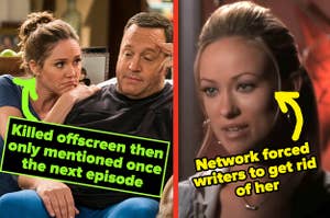 donna on kevin can wait captioned "Killed offscreen then only mentioned once the next episode" and alex on the oc labeled "Network forced writers to get rid of her"