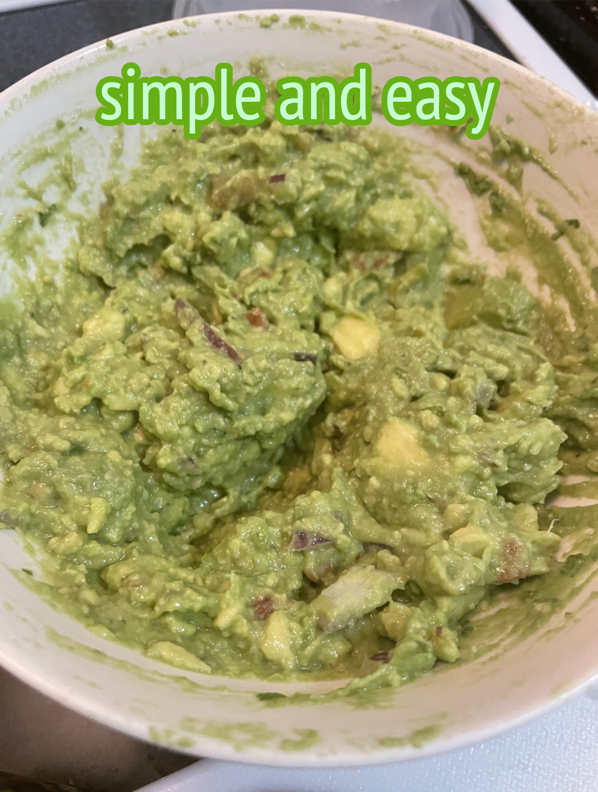 Screenshot of mashed avocado with &quot;simple and easy&quot; text
