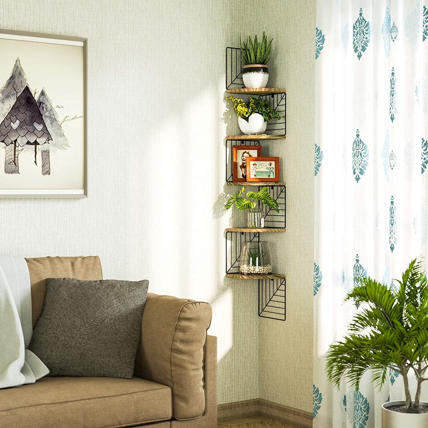 the shelf in a corner of a living space with plants and decor on it
