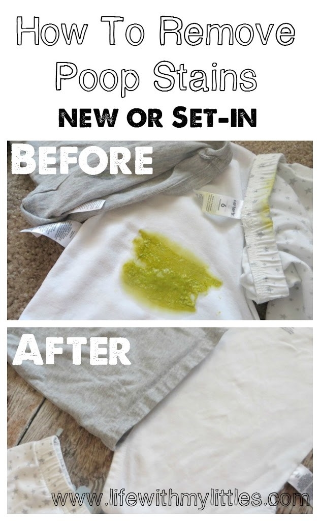Blogger&#x27;s before photo of their child&#x27;s clothes with a poop stain on it and after photo with the poop stain gone