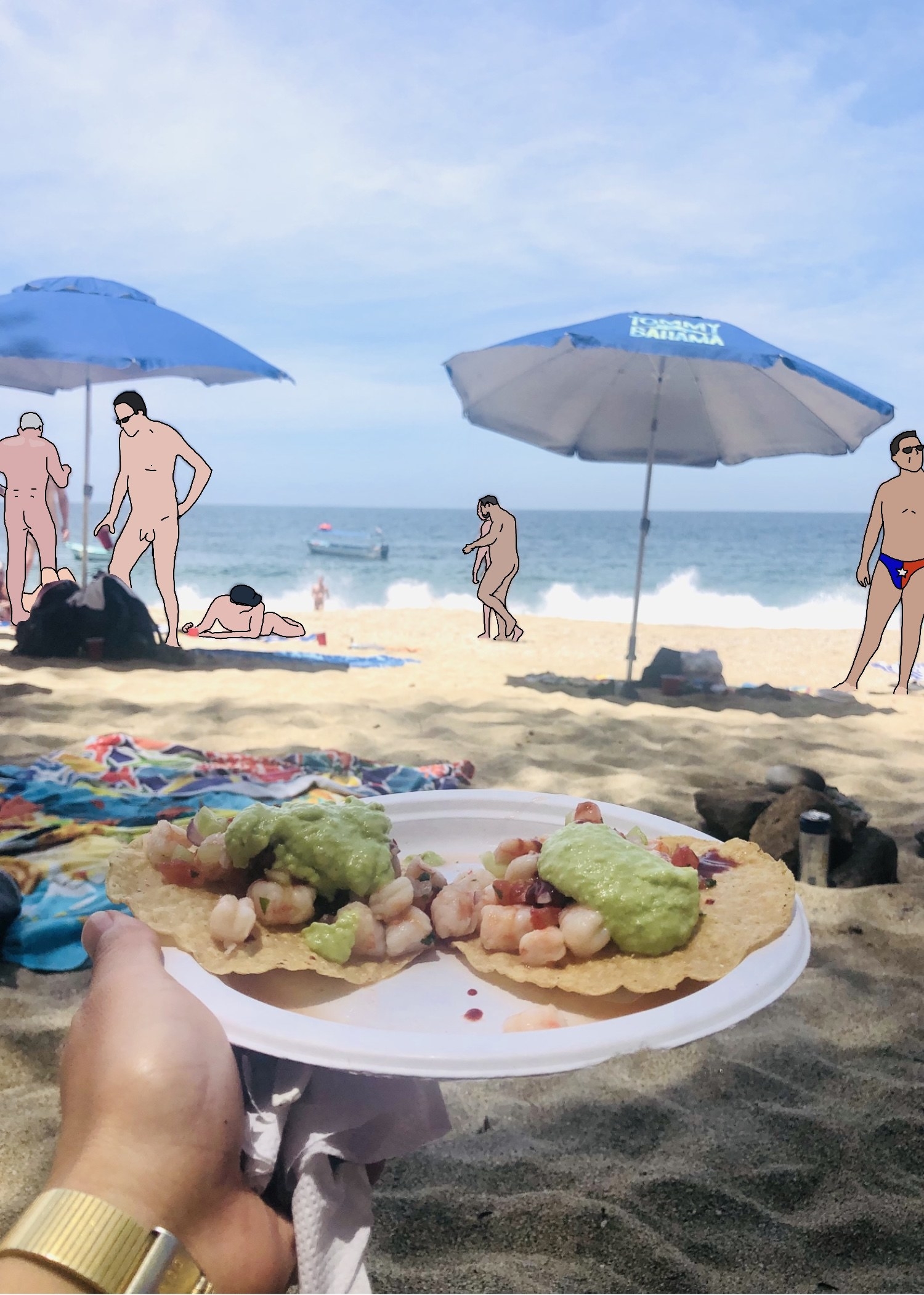 author holding a plate of shrimp ceviche with naked men in the background