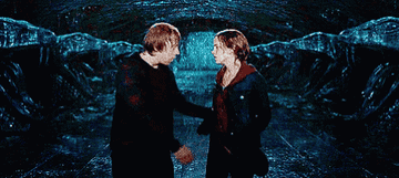 Ron and Hermione, soaking wet, kissing in the Chamber of Secrets