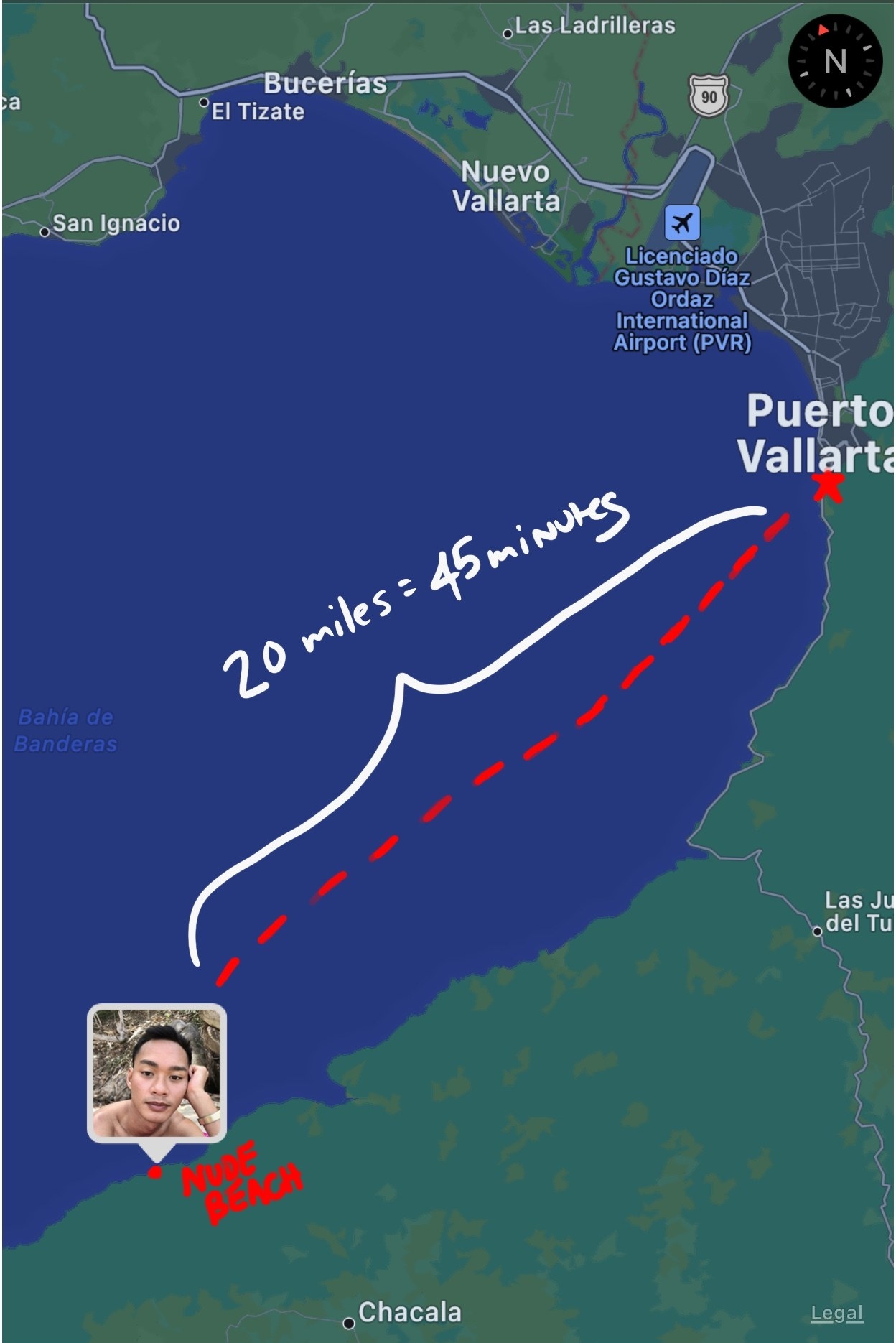 map of distance from pier to nude beach