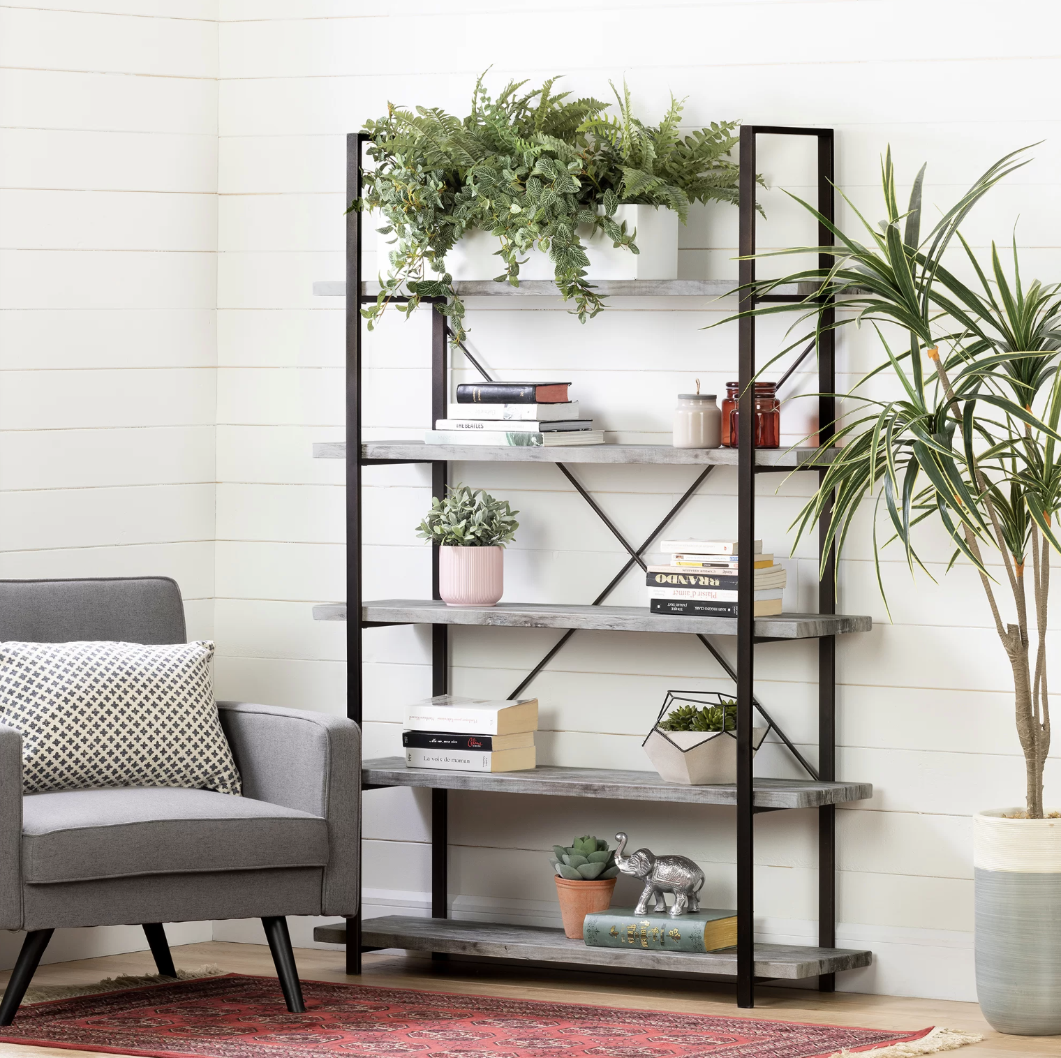The bookshelf in a living room with books and plants on it