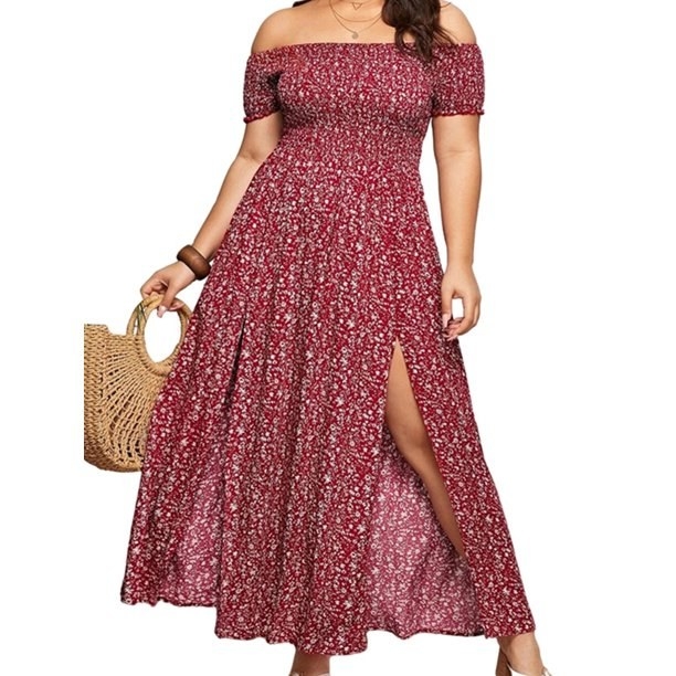 Person wearing an off-shoulder floral dress with a front slit, holding a wicker bag. No faces shown