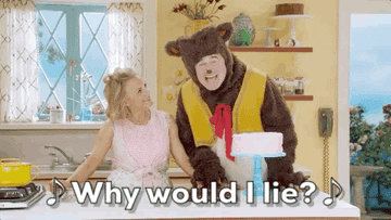 gif of man in bear costume singing why would i lie on at home with amy sedaris