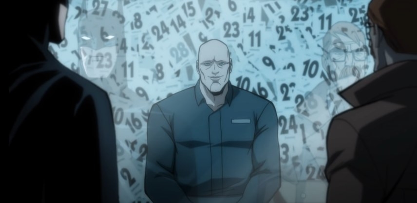 Calendar Man sits in Arkham with dates behind him
