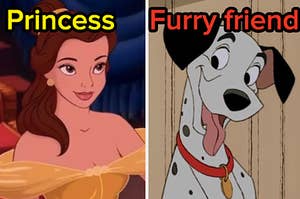 Belle is on the left labeled, "Princess" with Pogo on the right labeled, "furry friend"