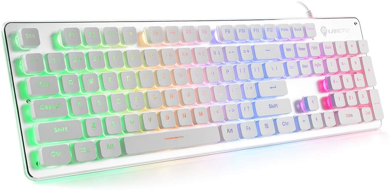 a backlit rainbow keyboard on a white background