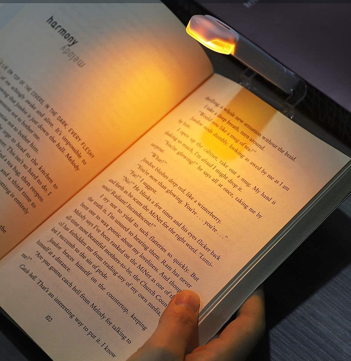 a small light clipped onto a book illuminating the pages
