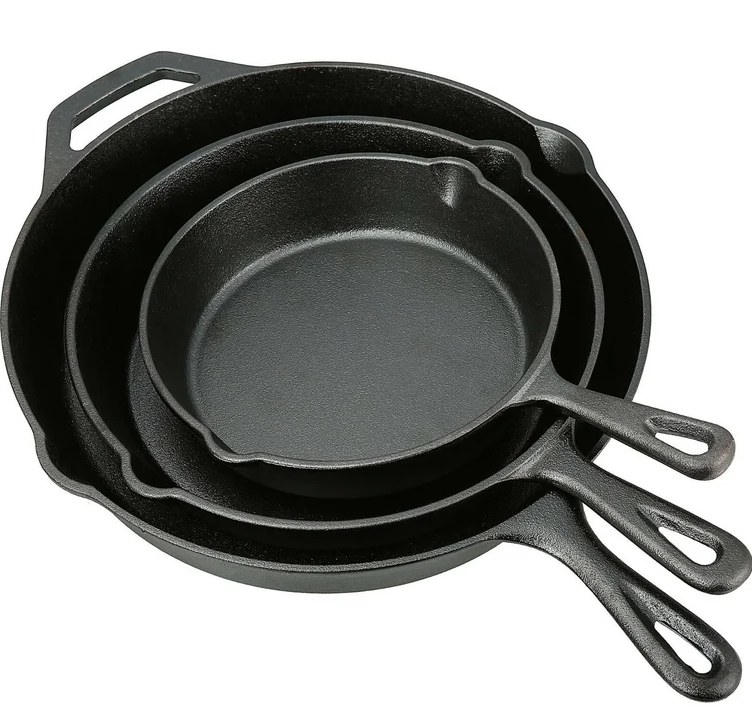 An image of set of three cast-iron pans that are stackable and oven-safe