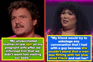 Left: Pedro Pascal furrows his brow in a video for Entertainment Weekly Right: Lizzo looks over frowns in "Saturday Night Live"