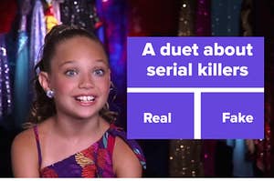 maddy ziegler wears large diamond earrings and a high pony with eyes and mouth wide and brows raised; on the image says "duet about serial killers real or fake"