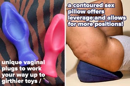 Two vaginal plugs of different sizes side-by-side and model posing on wedge sex pillow