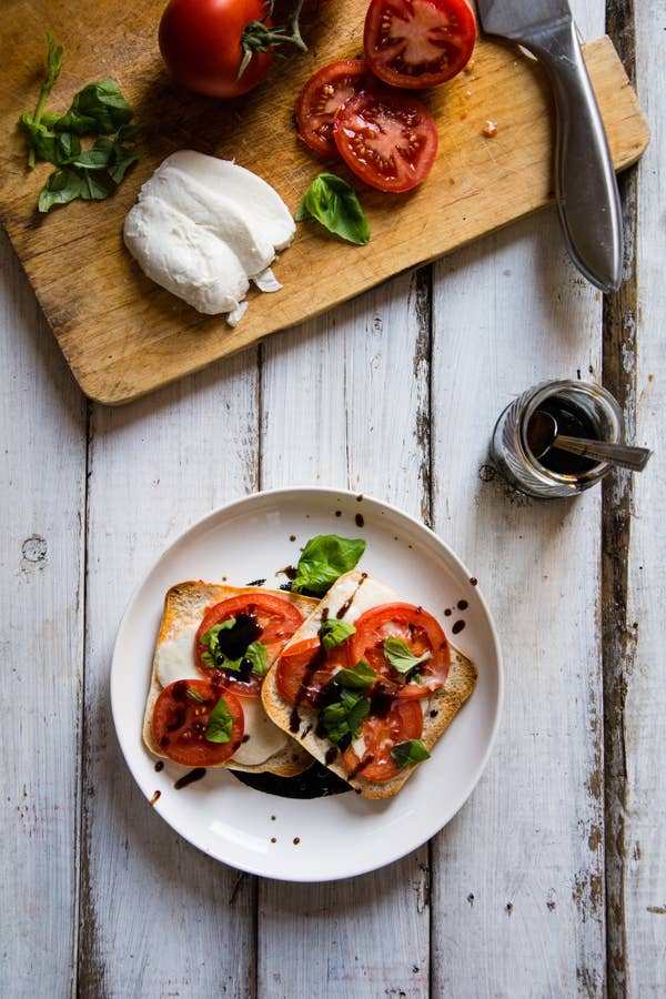 Caprese toast with mozzarella, tomato and basil