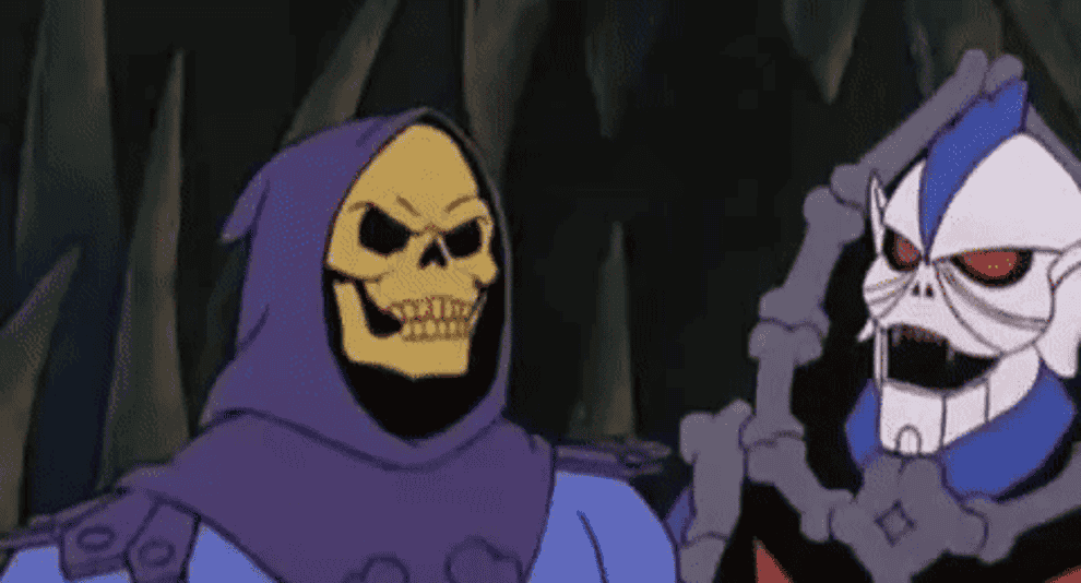 Skeletor laughs with a minion